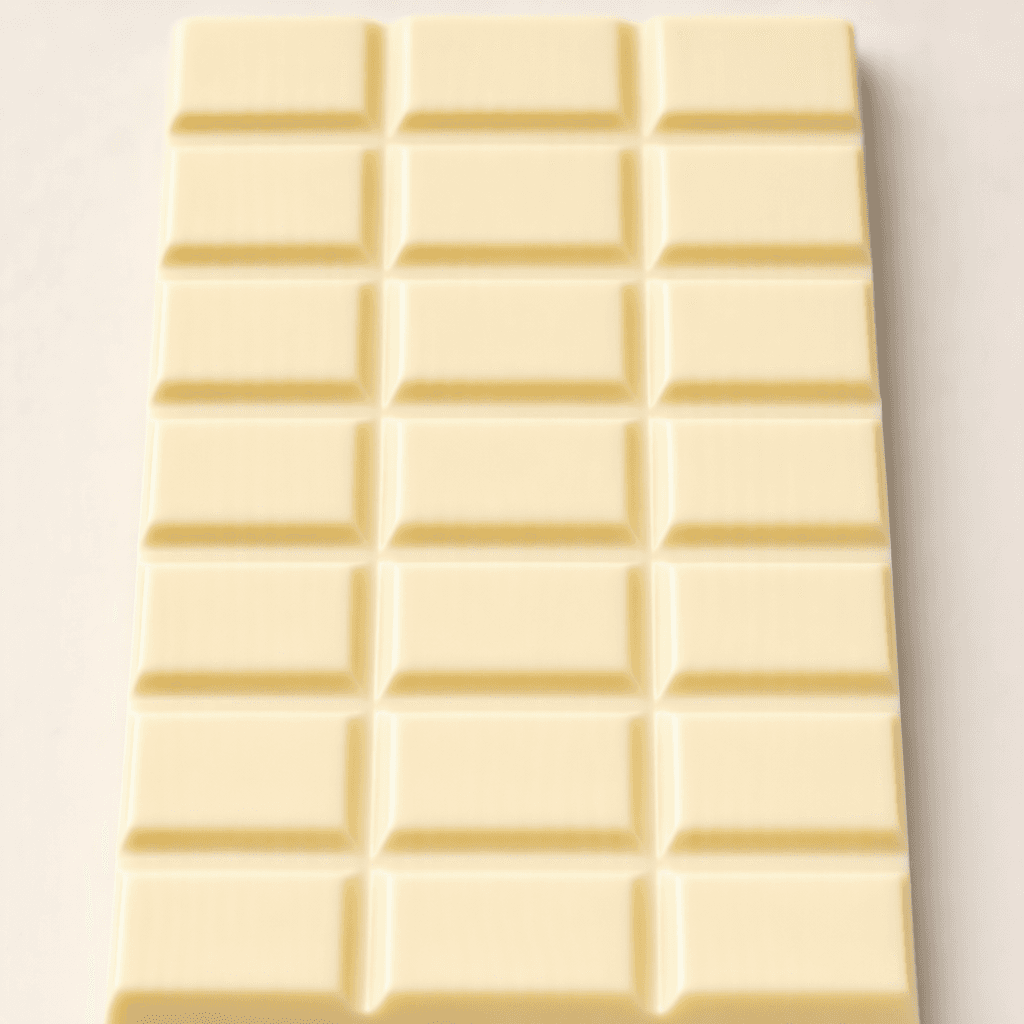 A pale ivory-white rectangular chocolate bar with a smooth, slightly glossy surface and shallow molded divisions.