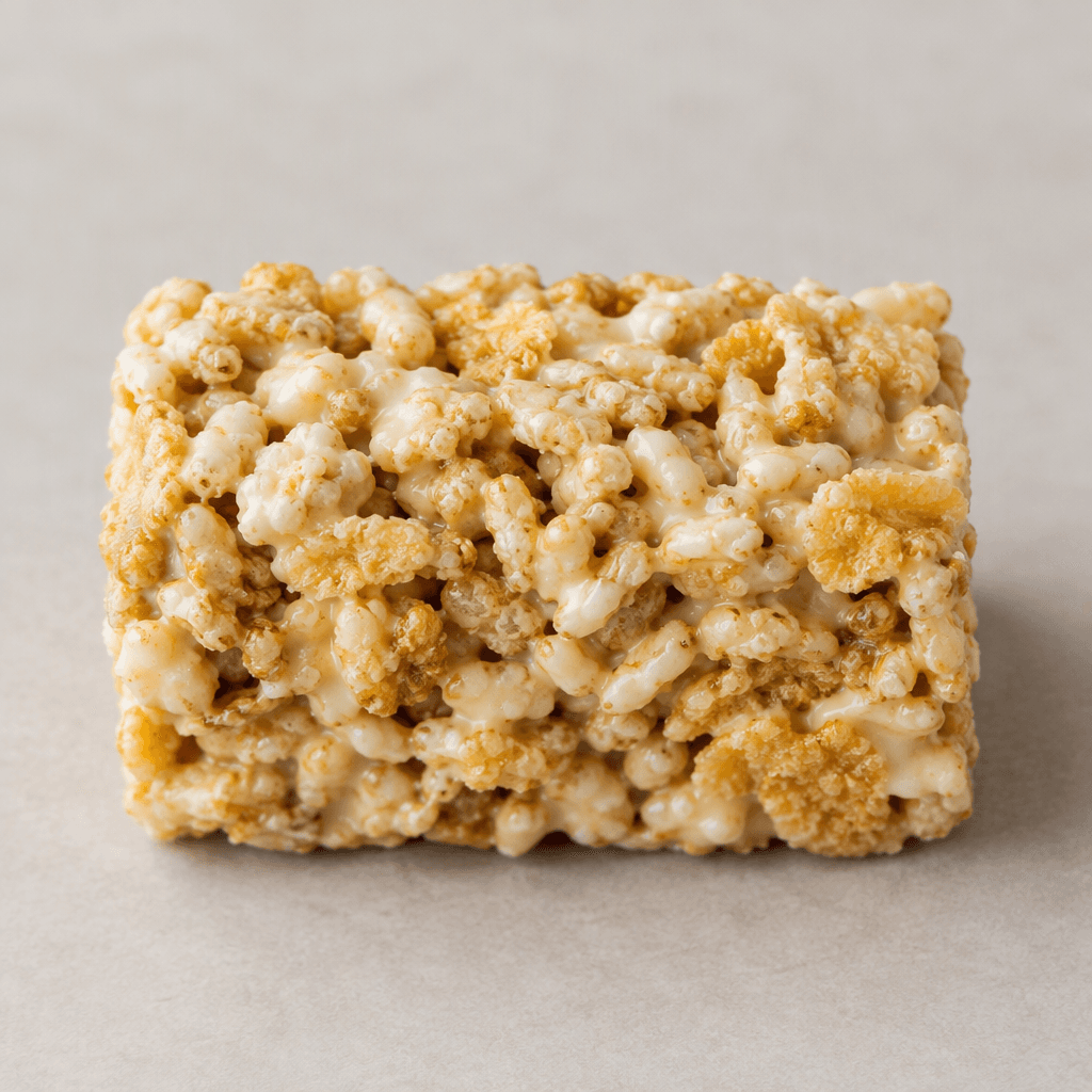A small rectangular cereal bar with tightly packed golden-beige grains and crisp cereal pieces held together by pale ivory white chocolate, with an uneven, textured surface.