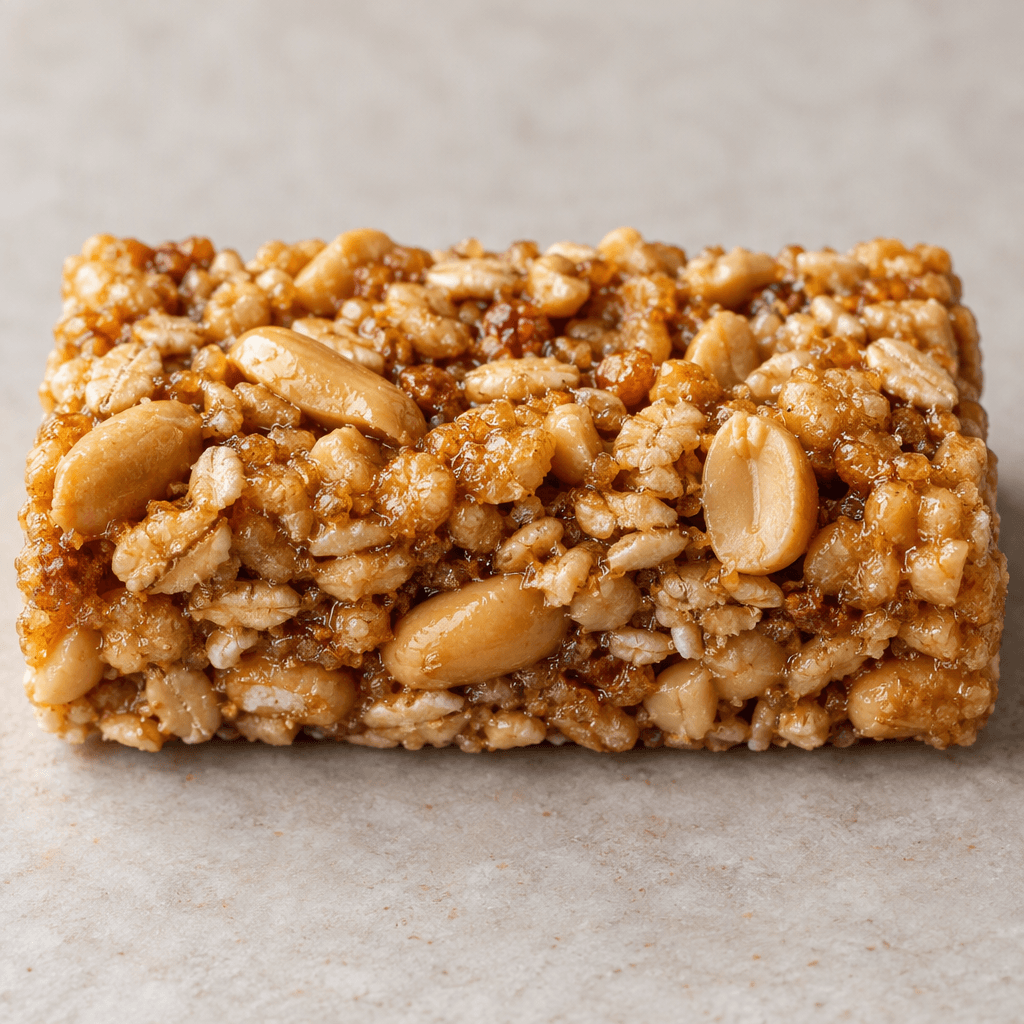 A compact rectangular golden-brown cereal bar with a rough, bumpy surface, packed with visible peanut pieces and grains.