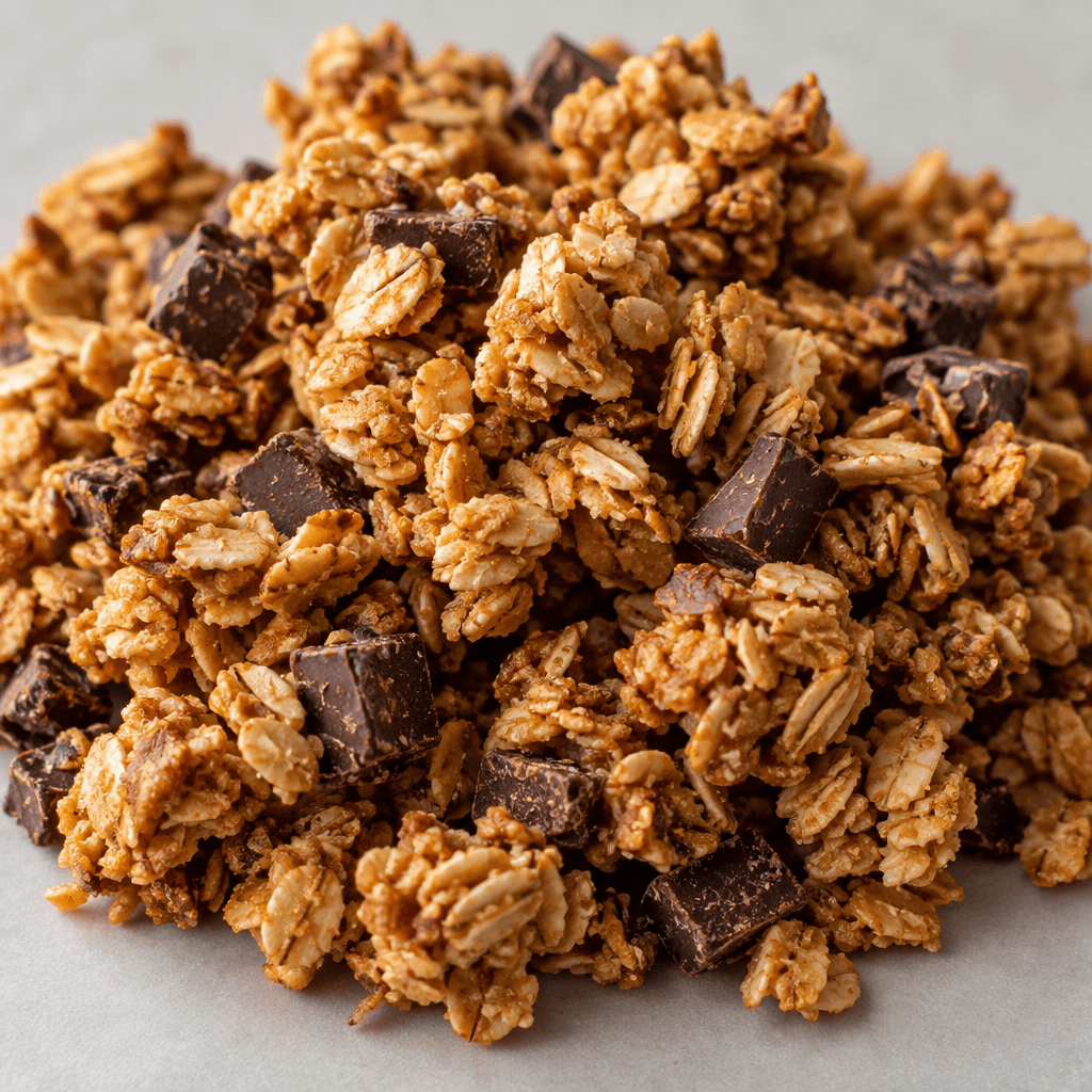 Loose clusters of golden-brown oat flakes mixed with small dark-brown chocolate pieces, with an uneven, crisp-looking texture.