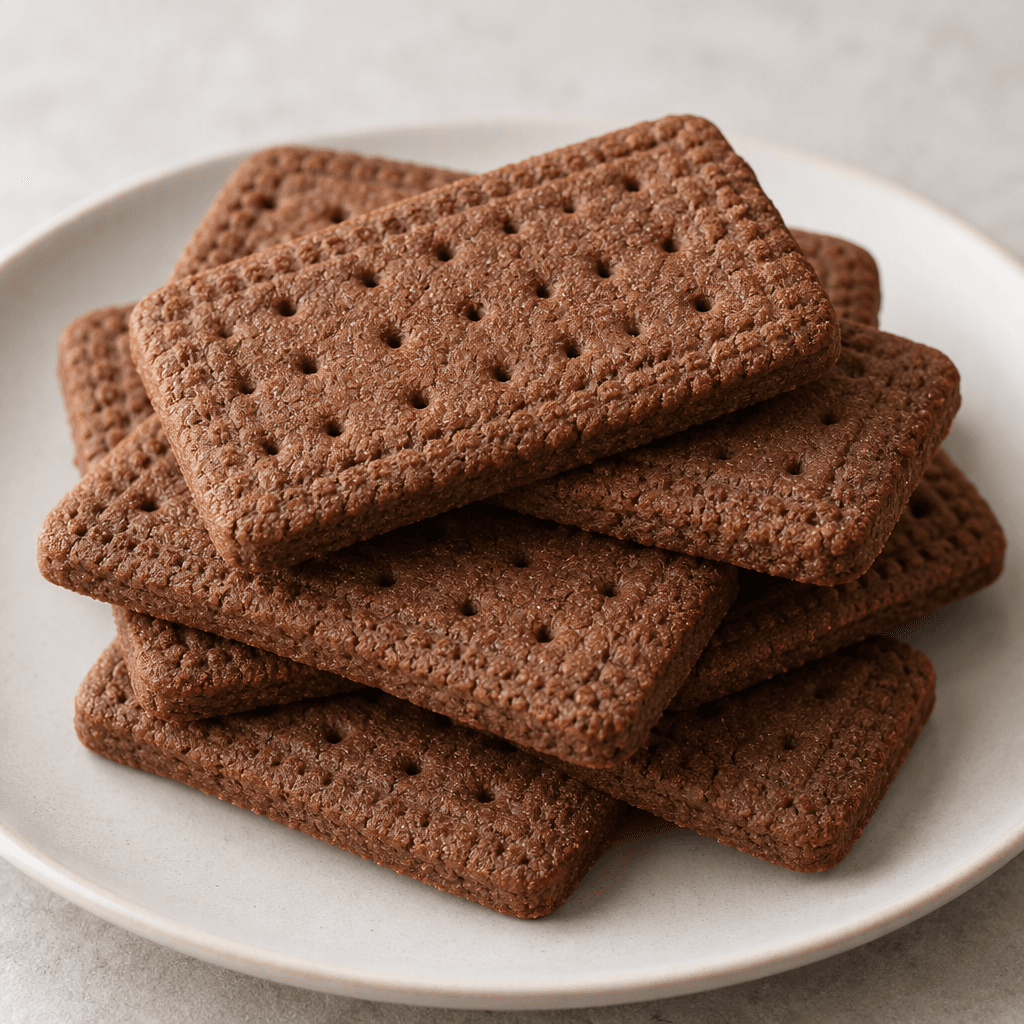 Flat, rectangular cocoa-brown biscuits with a lightly textured surface and small pressed-in details are stacked on a plain plate.