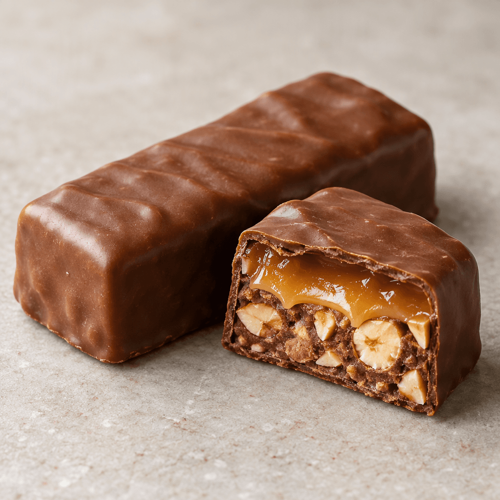 A rectangular chocolate-coated bar with a smooth brown surface, shown whole beside a cut piece revealing a soft golden caramel layer and small hazelnut pieces inside.