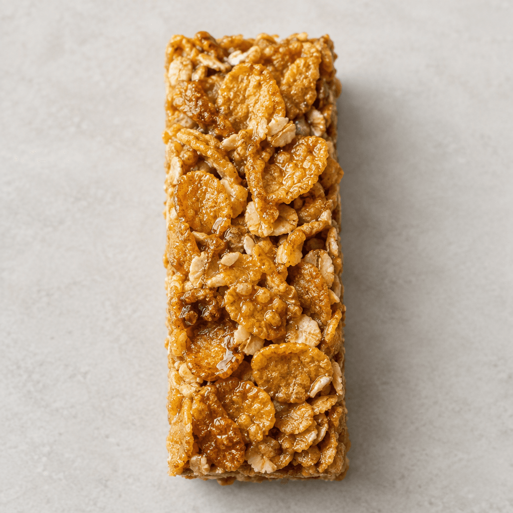 A slim rectangular bar of tightly packed golden-brown cereal flakes, held together with glossy caramel and showing a rough, uneven grain-studded surface.