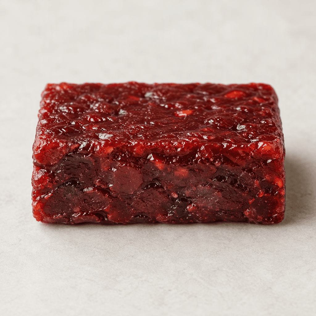 A small, rectangular cherry fruit bar with a deep red, slightly glossy surface and a dense, smooth, chewy-looking texture.