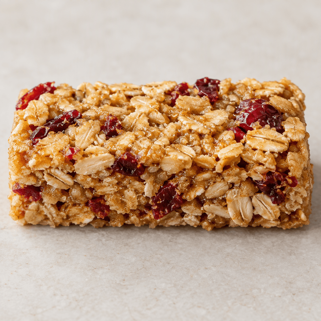 A compact rectangular cereal bar with a golden-brown surface, visible oat flakes and scattered red berry pieces, with a slightly rough, crumbly texture.