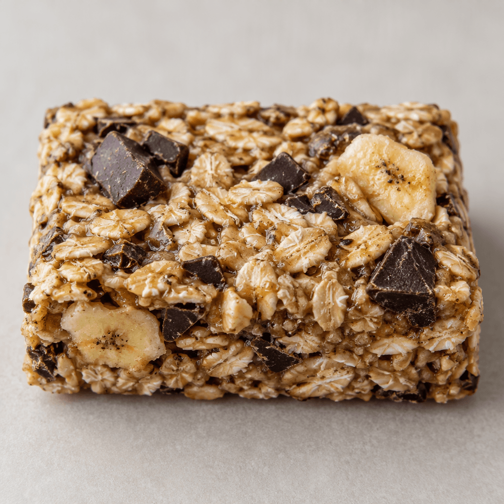 A compact rectangular muesli bar with a rough, pressed surface of visible oat flakes, scattered dark chocolate pieces and small pale banana bits.