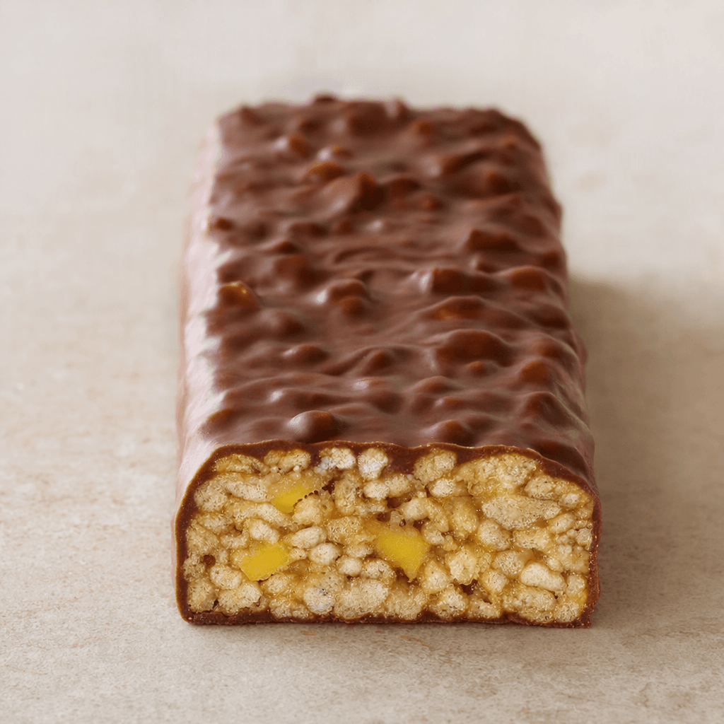 A slim, rectangular snack bar with a bumpy brown chocolate coating and a cut end showing compacted pale-golden cereal pieces with small yellow banana bits.