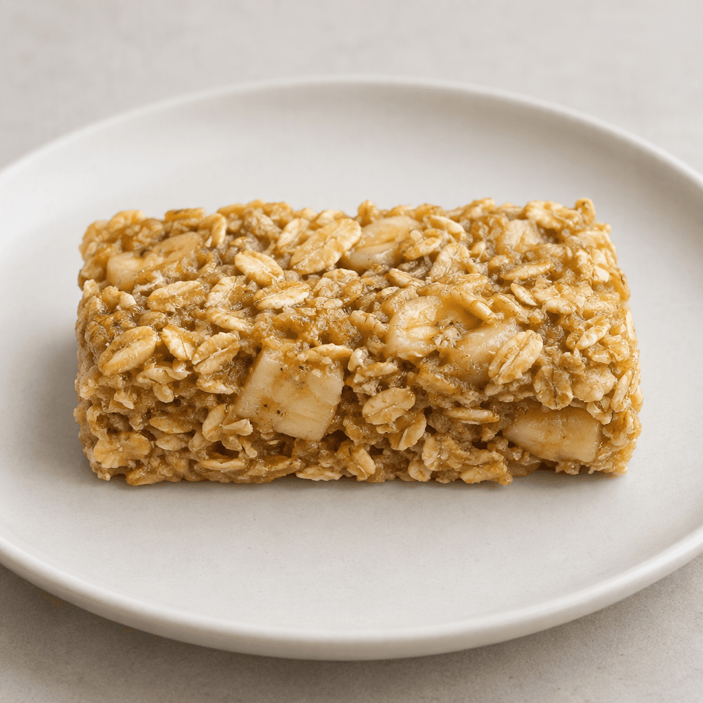 A small rectangular oat bar with a golden-beige, uneven surface, densely packed visible oat flakes and a few pale banana-colored pieces, served on a plain plate.