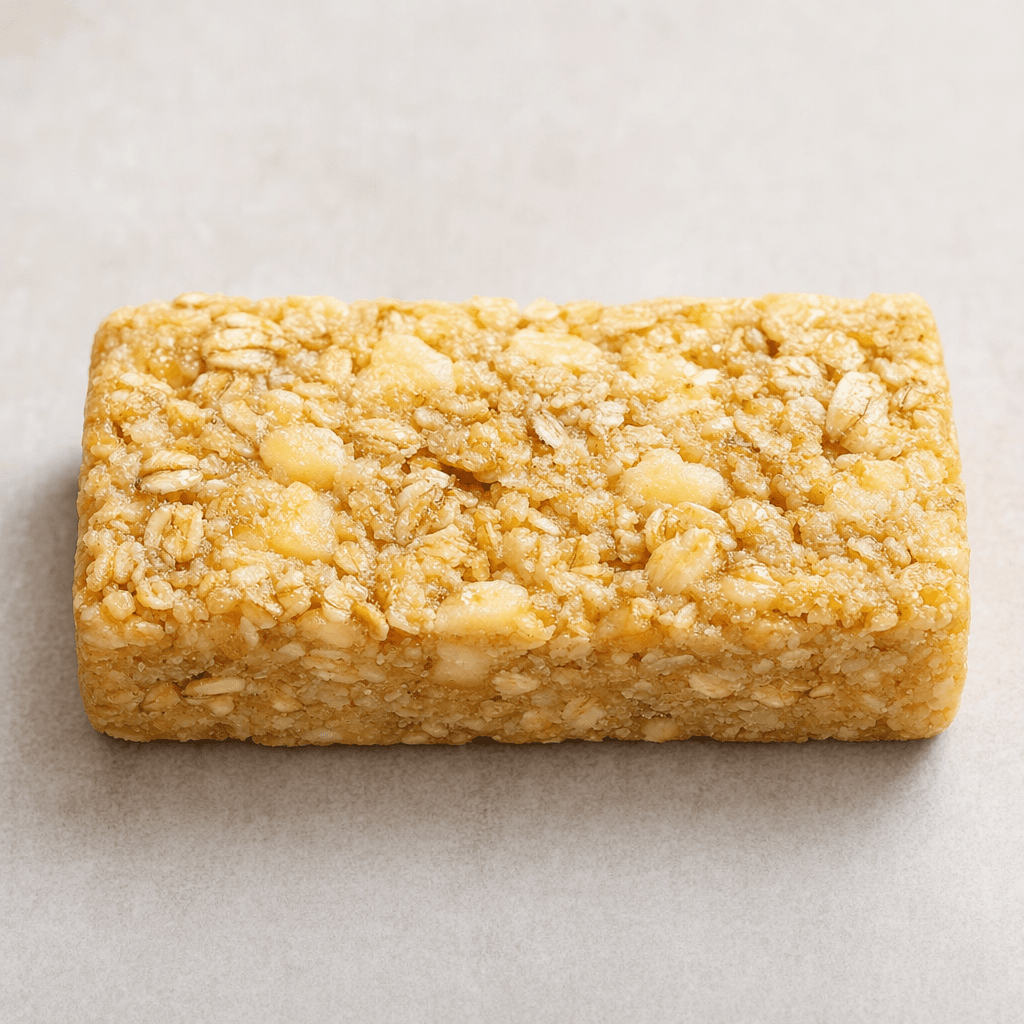 A compact, rectangular golden-beige cereal bar with a slightly rough, pressed surface, visible oat flakes, and small pale banana pieces.