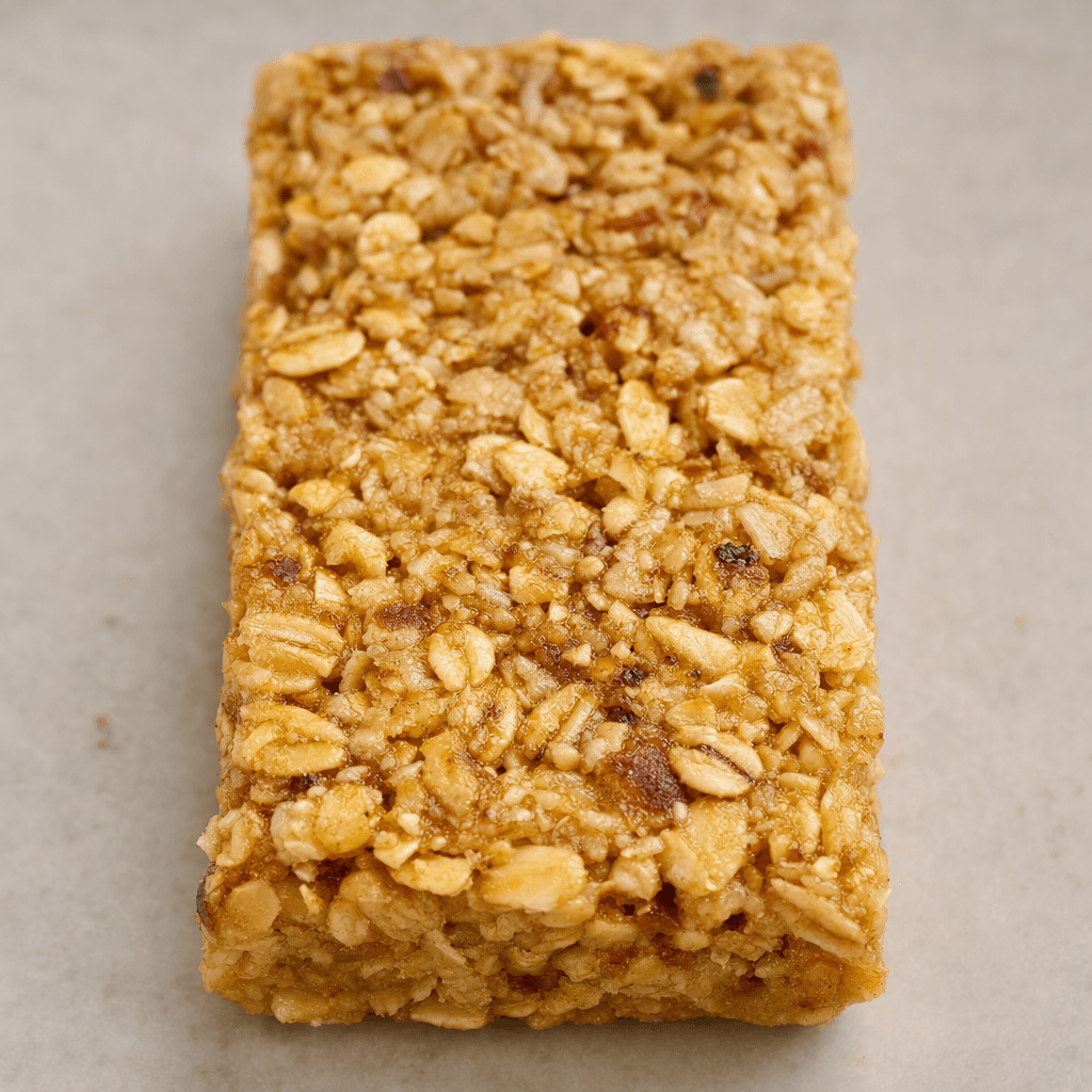 A compact rectangular oat bar with a golden-tan surface, visible rolled-oat flakes, and a few darker banana-colored flecks, with softly uneven edges.