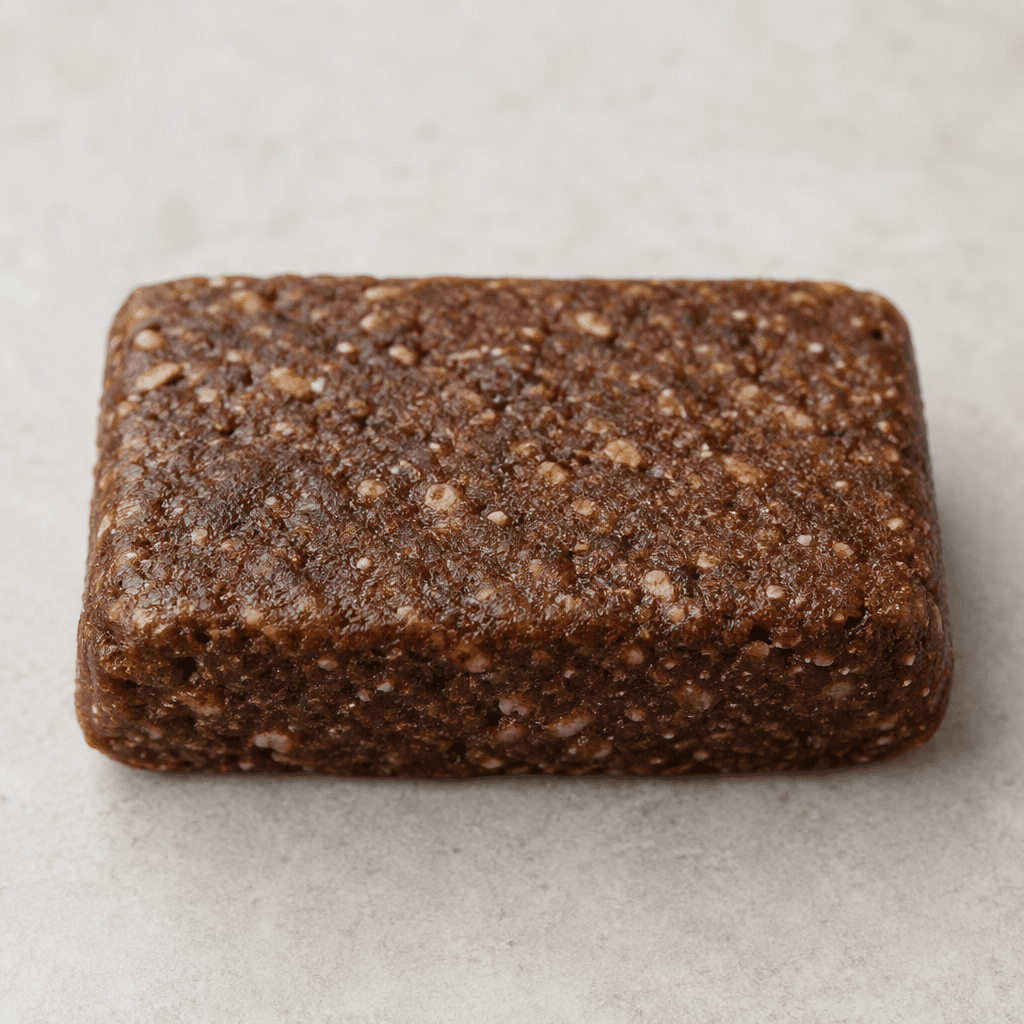 A compact rectangular cocoa-brown bar with a dense, slightly grainy surface and softly rounded edges.
