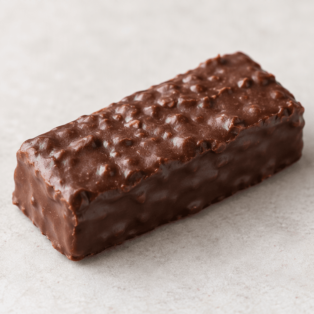 A compact, rectangular bar with a dark brown chocolate coating, a gently uneven surface, and squared-off edges.