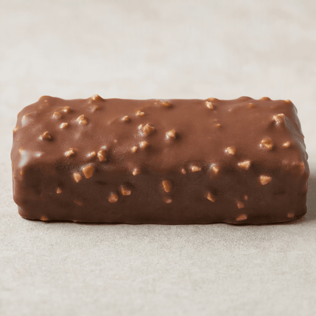 An oblong rectangular bar with a smooth milk-chocolate-brown coating and small hazelnut pieces visible across its surface.