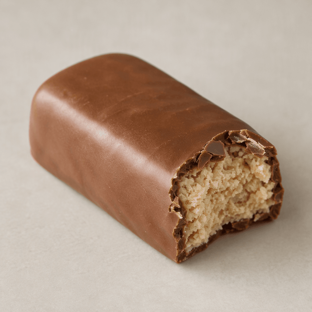 An oblong, rectangular bar with rounded corners, coated in smooth milk chocolate and broken at one end to reveal a pale beige interior.