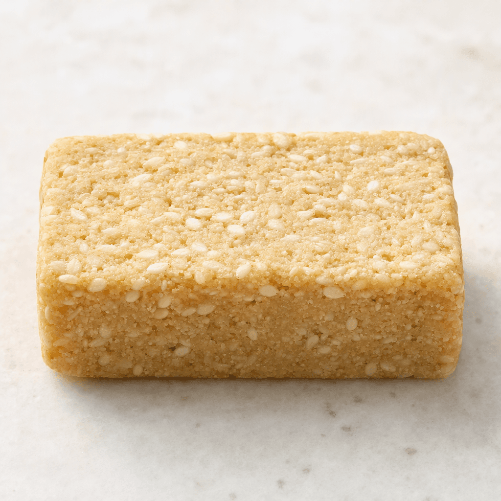 A small rectangular, pale beige bar with a dense, slightly crumbly surface and visible sesame seeds, served plain.