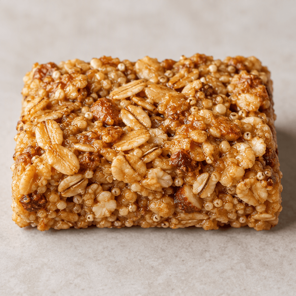 A compact rectangular golden-brown cereal bar with a rough, dense surface and visible flakes and small grain pieces.