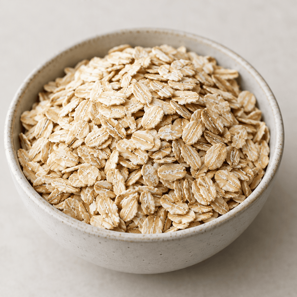 Pale beige oat flakes with thin, flattened, irregular shapes and a dry, lightly rough surface are piled in a bowl.