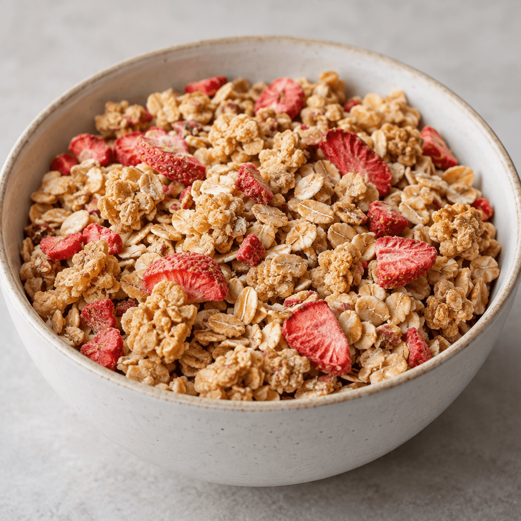A loose mixture of pale golden oat flakes and crunchy clusters, dotted with small red-pink strawberry pieces, served in a bowl.