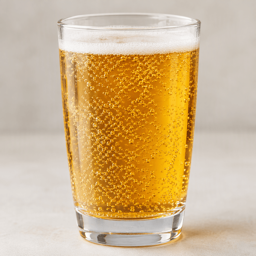 A clear golden-amber carbonated soft drink with fine rising bubbles and a thin white fizz at the surface, served chilled in a clear glass.