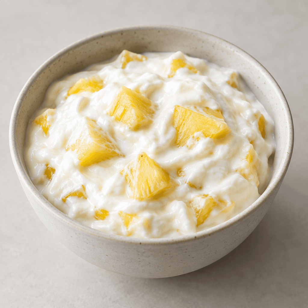 Thick, creamy off-white yogurt dotted with small golden-yellow pieces of pineapple, served in a bowl.