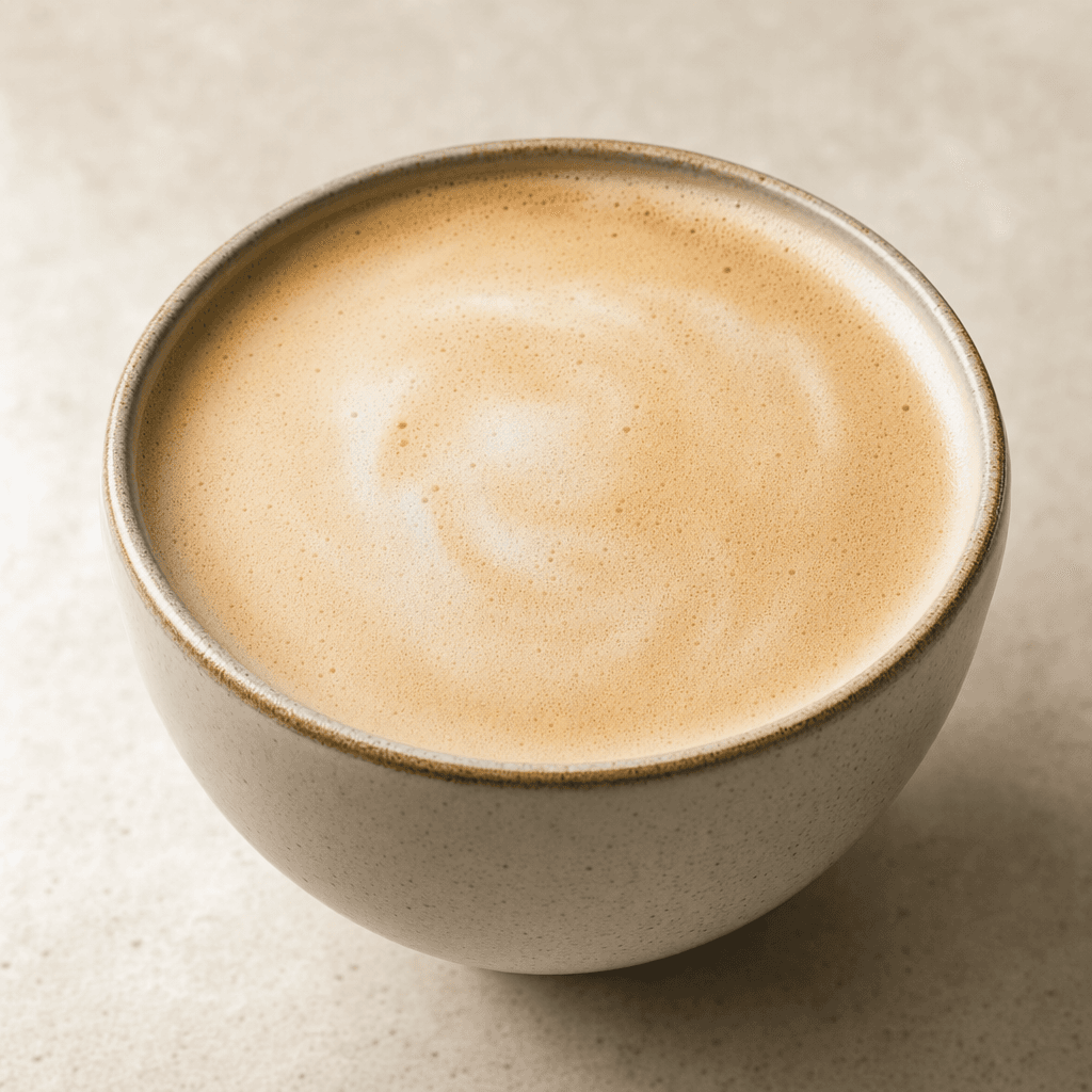 Fincanı açık karamel tonlarında badem sütlü latte dolduruyor; yüzeyi pürüzsüz ve kremamsı, üzerinde ince, açık renkli bir köpük tabakası var.