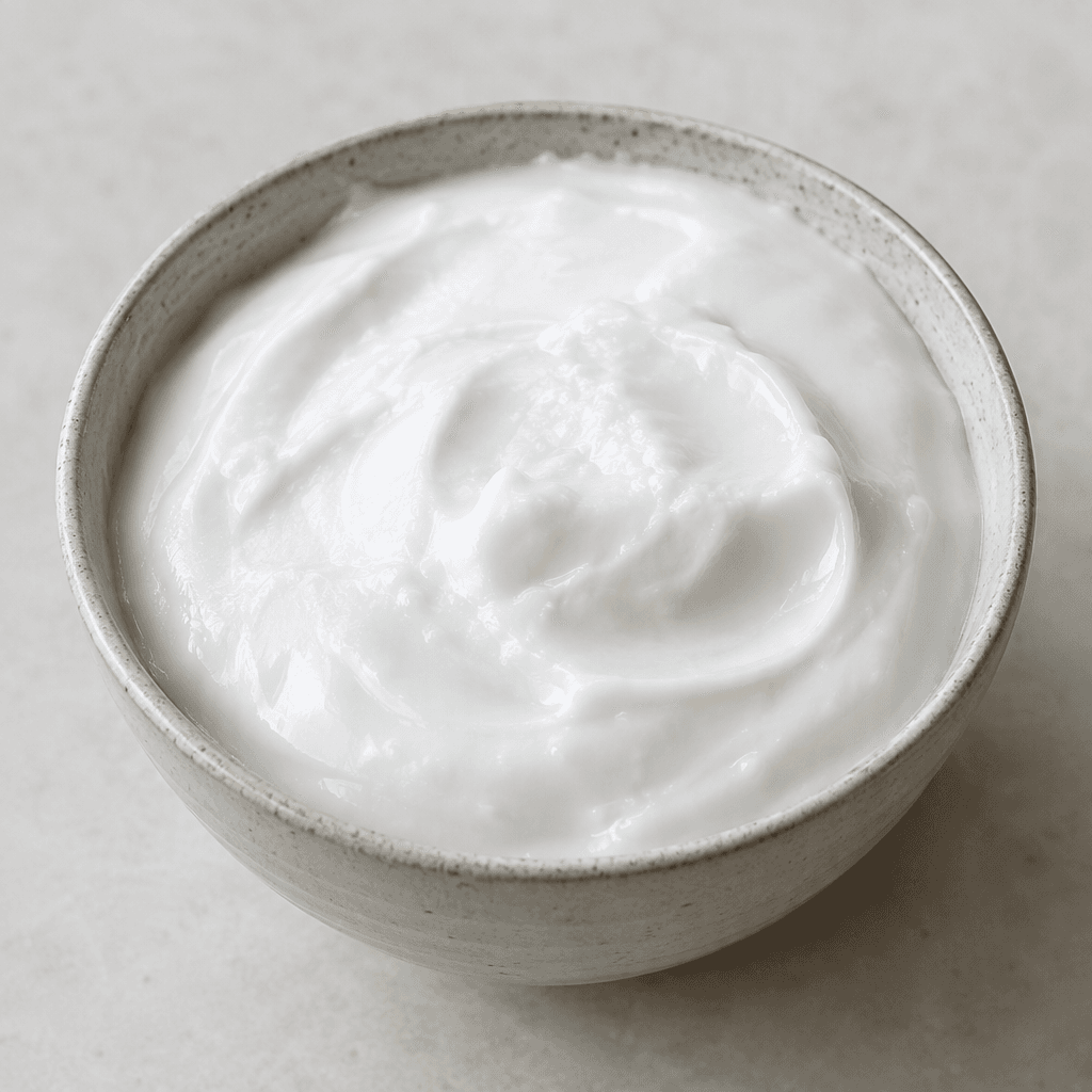 A thick, smooth, glossy white coconut-based fermented food sits in a small bowl, with a softly set, creamy surface.