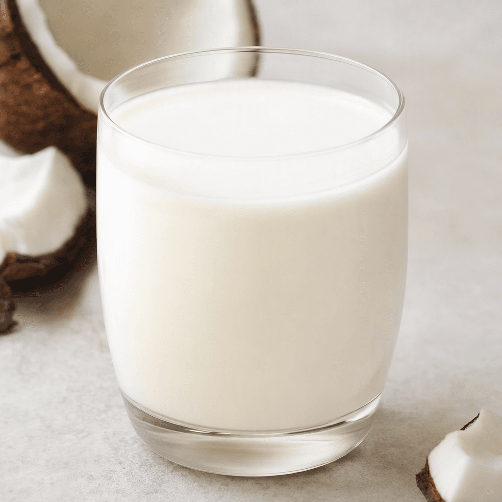 An opaque, creamy-white coconut drink sits in a clear glass, with a smooth, even surface.