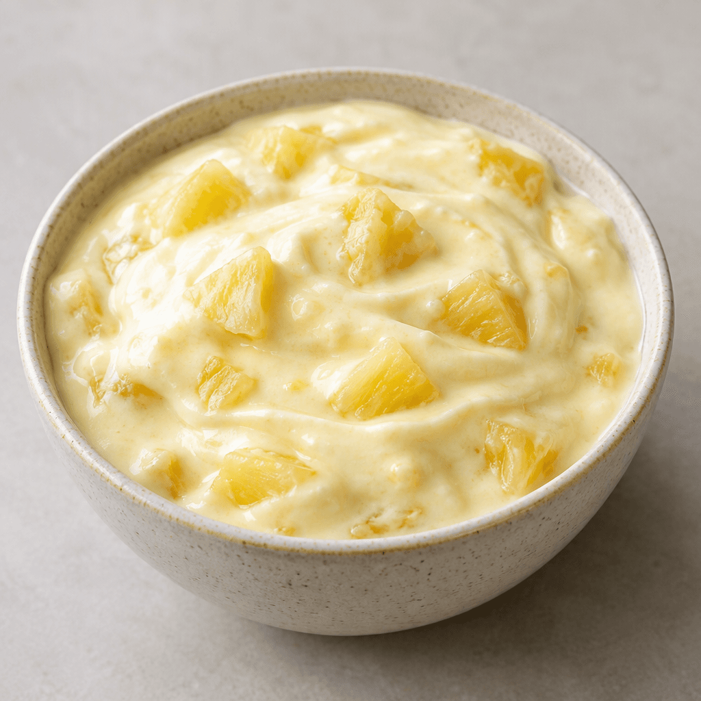 A thick, creamy pale-yellow yogurt with small golden pineapple pieces distributed throughout, served in a bowl.