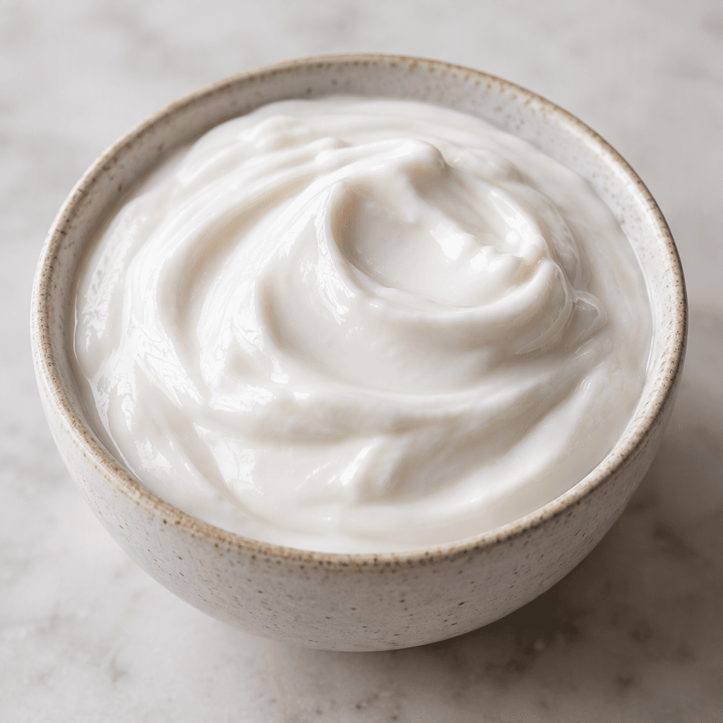 A thick, smooth, creamy-white coconut yogurt sits in a small bowl, with a softly glossy surface and a few gentle swirls.
