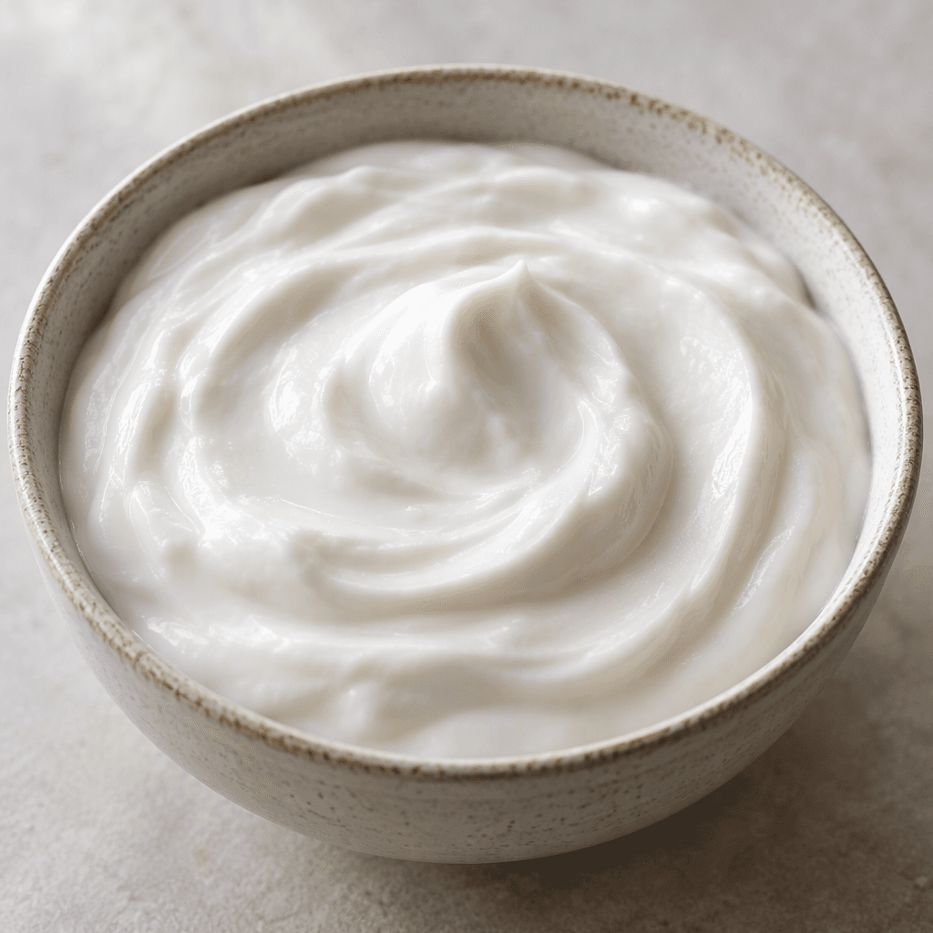 Thick, smooth, off-white coconut yogurt sits in a shallow bowl, with a softly rippled, creamy surface.
