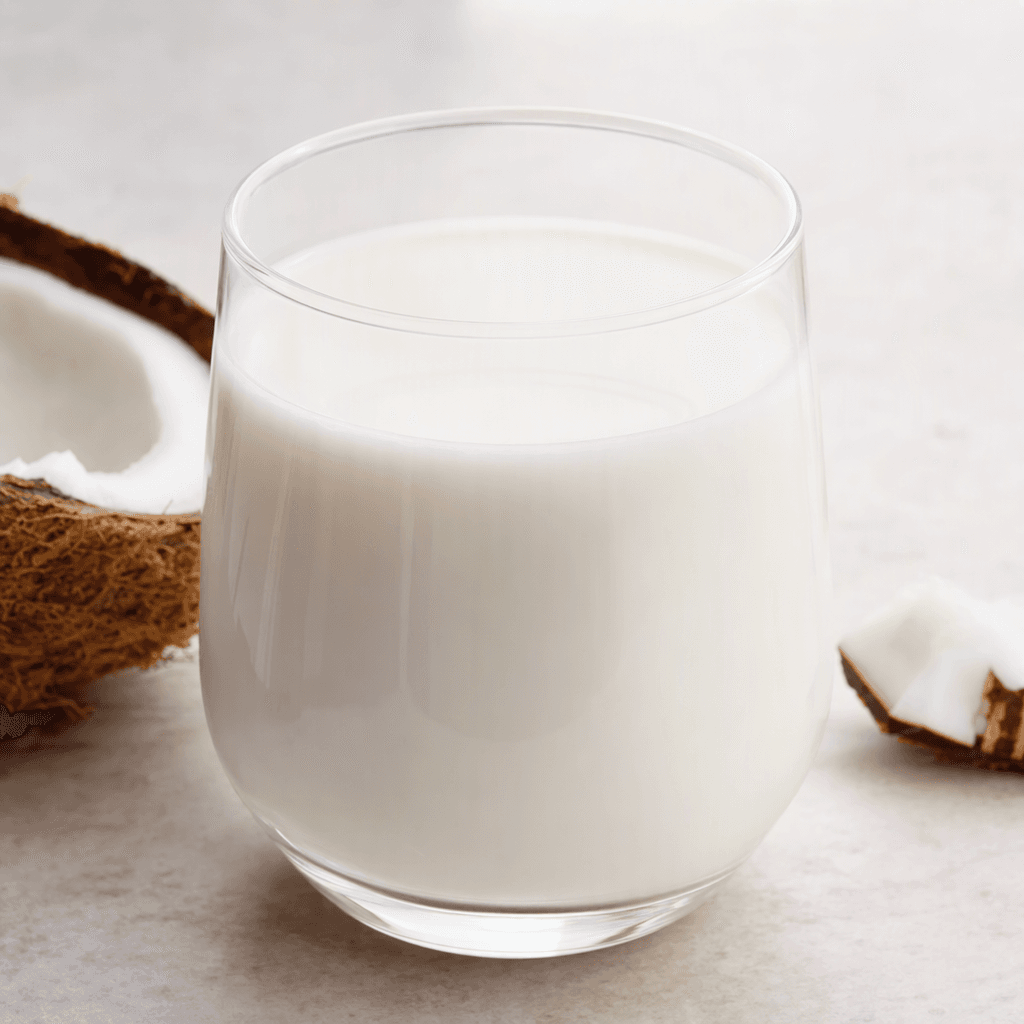 An opaque, milky-white coconut beverage with a smooth, lightly creamy appearance, served in a clear glass.