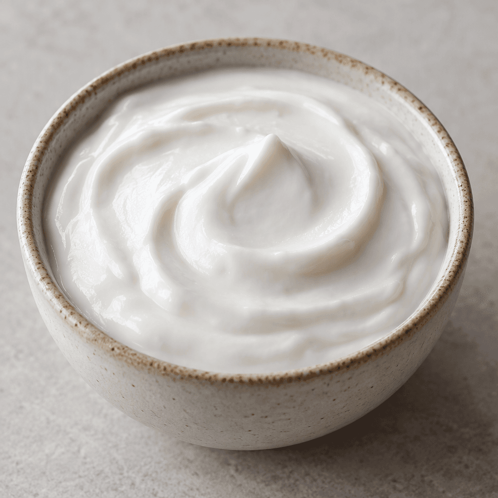 A smooth, thick, white coconut yogurt sits in a small bowl, with a creamy surface and no visible toppings.