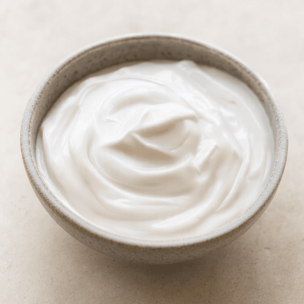 A serving of thick, smooth, creamy off-white coconut yogurt sits in a small bowl, with a softly glossy surface.