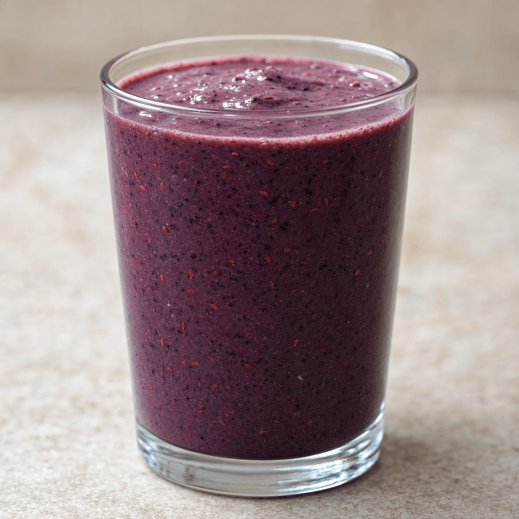 A deep purple blueberry drink in a clear glass, with tiny flaxseed flecks suspended throughout.