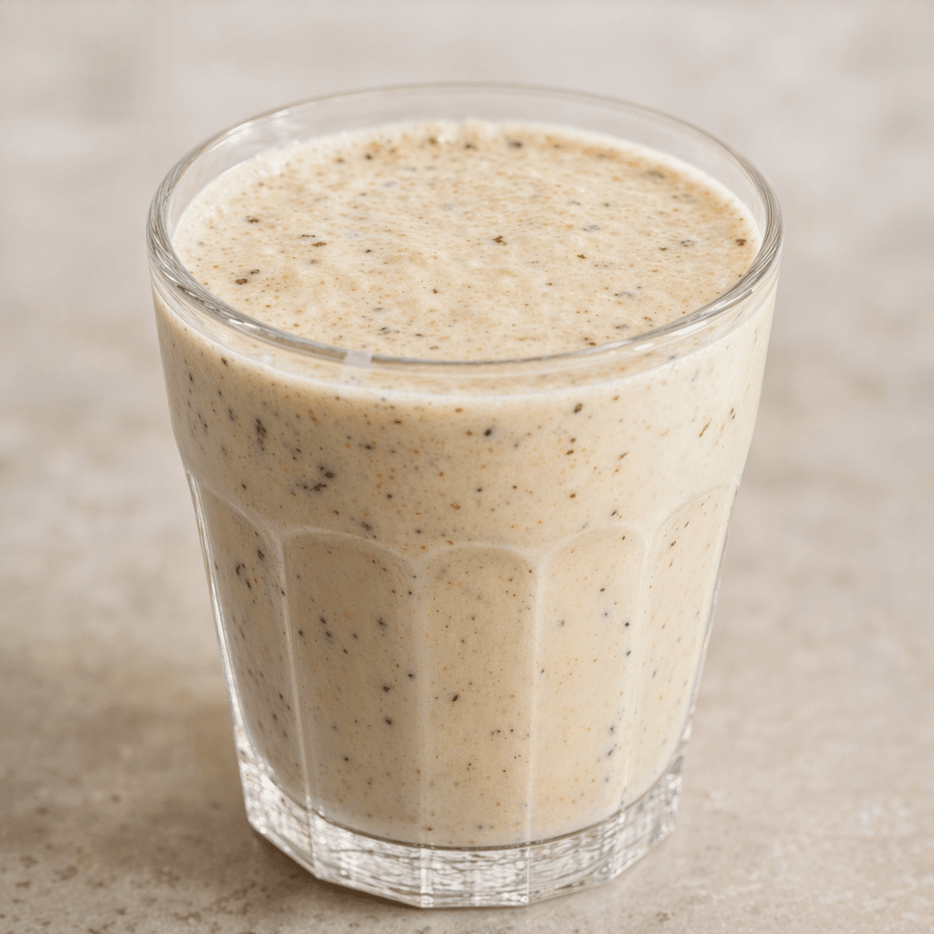 An opaque, creamy light-beige oat drink with tiny dark fig flecks, served in a clear glass.