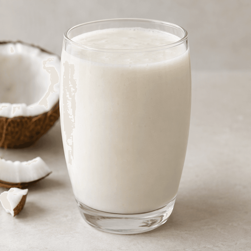 An opaque ivory-white coconut drink sits in a clear glass, with a smooth, slightly creamy surface.