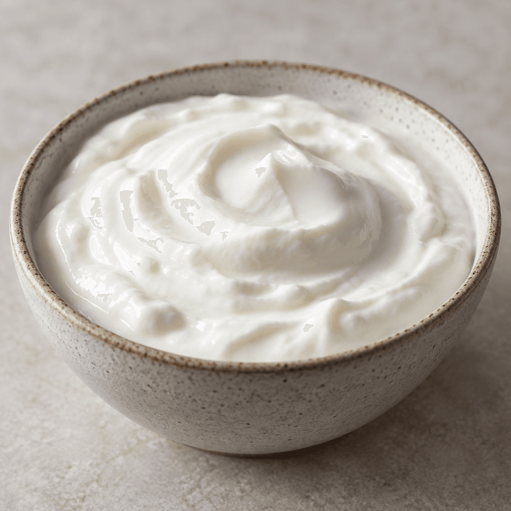 A small bowl holds thick, smooth white plain yogurt with a softly rippled surface.