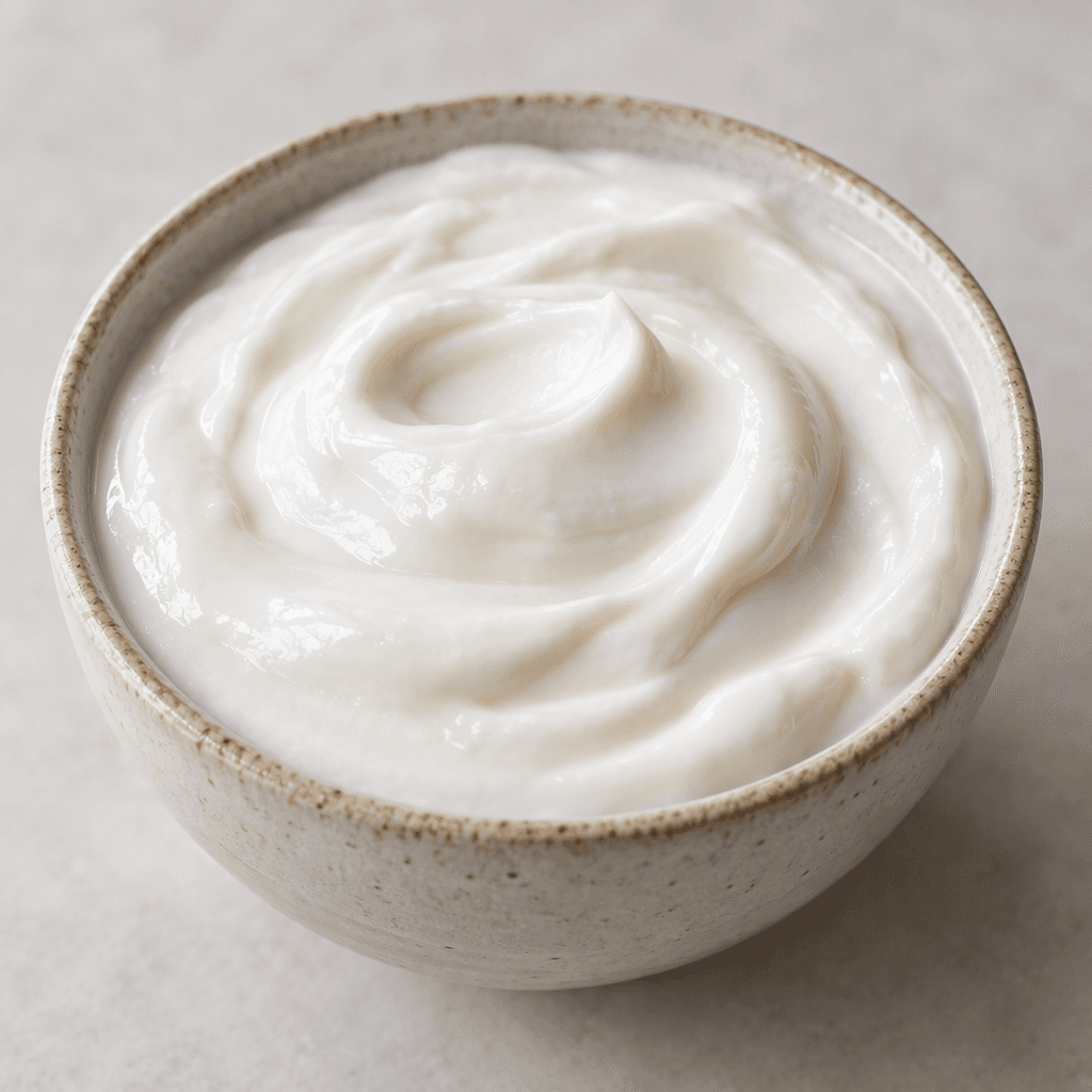 A smooth, thick, off-white coconut yogurt sits in a small bowl, with a softly glossy surface and a few gentle swirls.