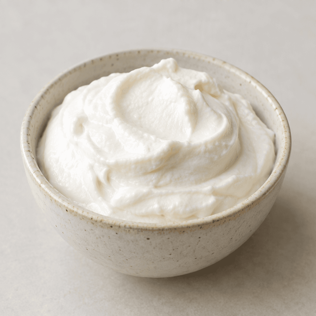 A mound of thick, smooth, off-white coconut yogurt sits in a small bowl, with a soft, creamy surface and no visible toppings.