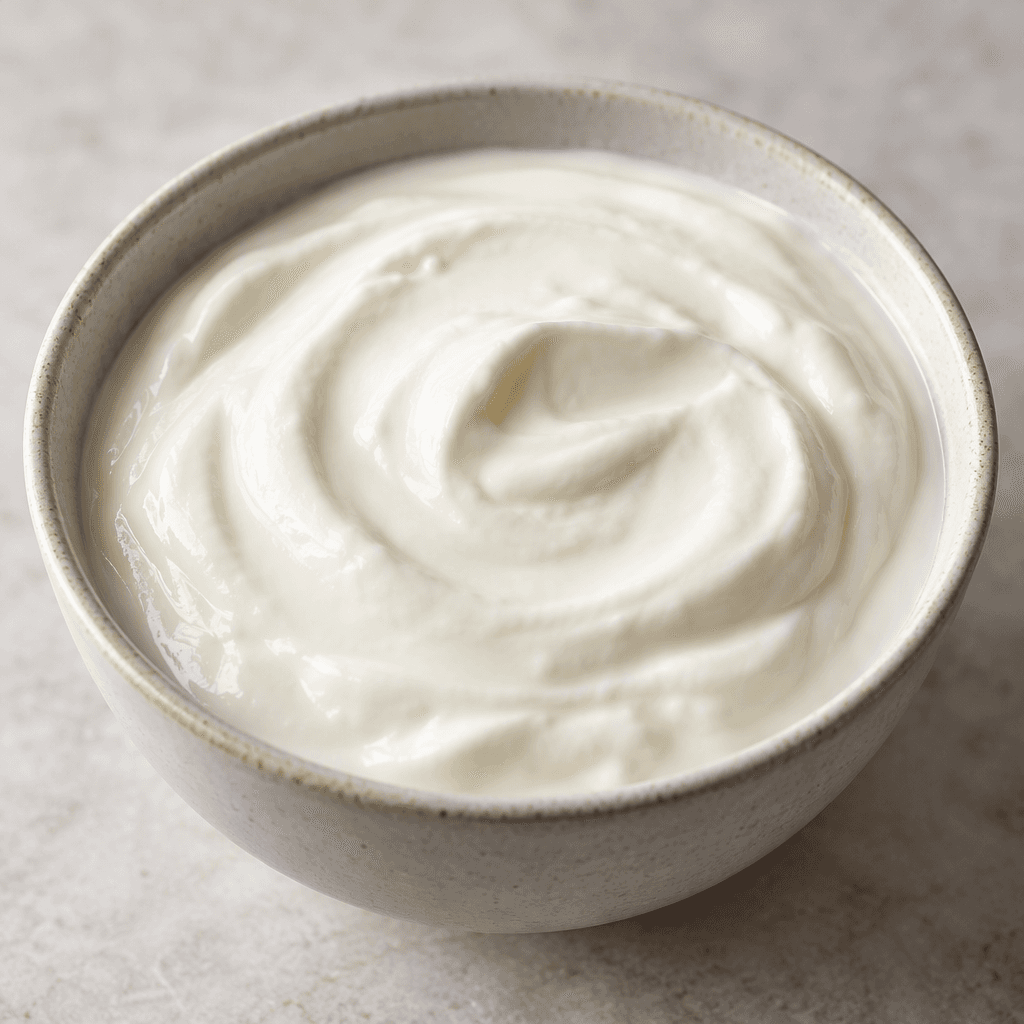 A bowl of plain, off-white yogurt with a smooth, thick, creamy surface and no visible toppings.