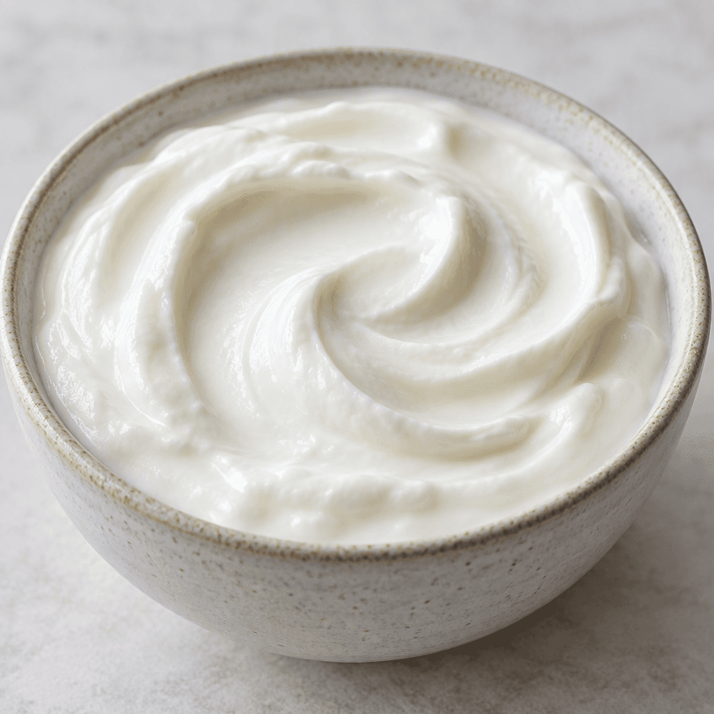 A bowl of plain white yogurt with a smooth, thick, creamy surface and soft spoon marks.