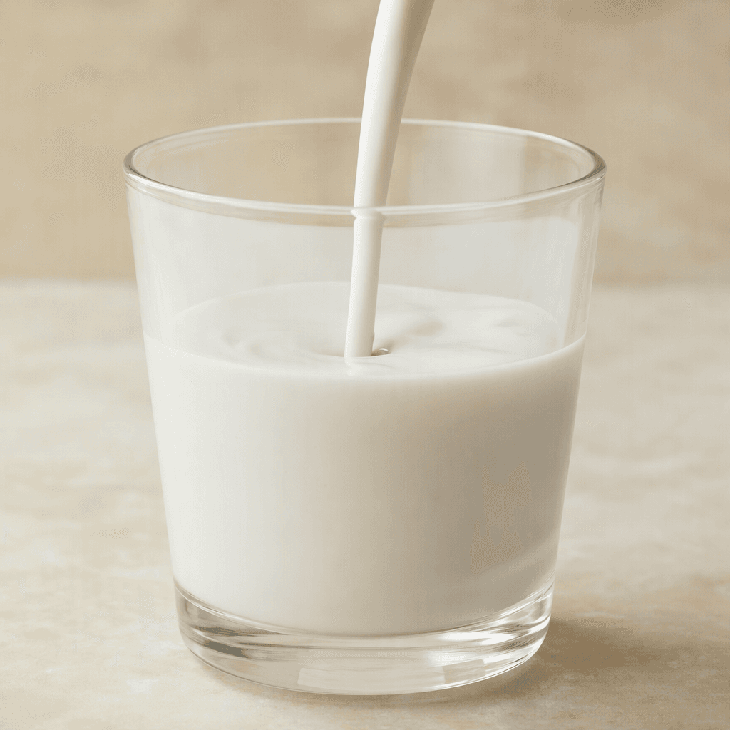 Opaque white coconut milk with a smooth, creamy appearance is poured into a clear glass.