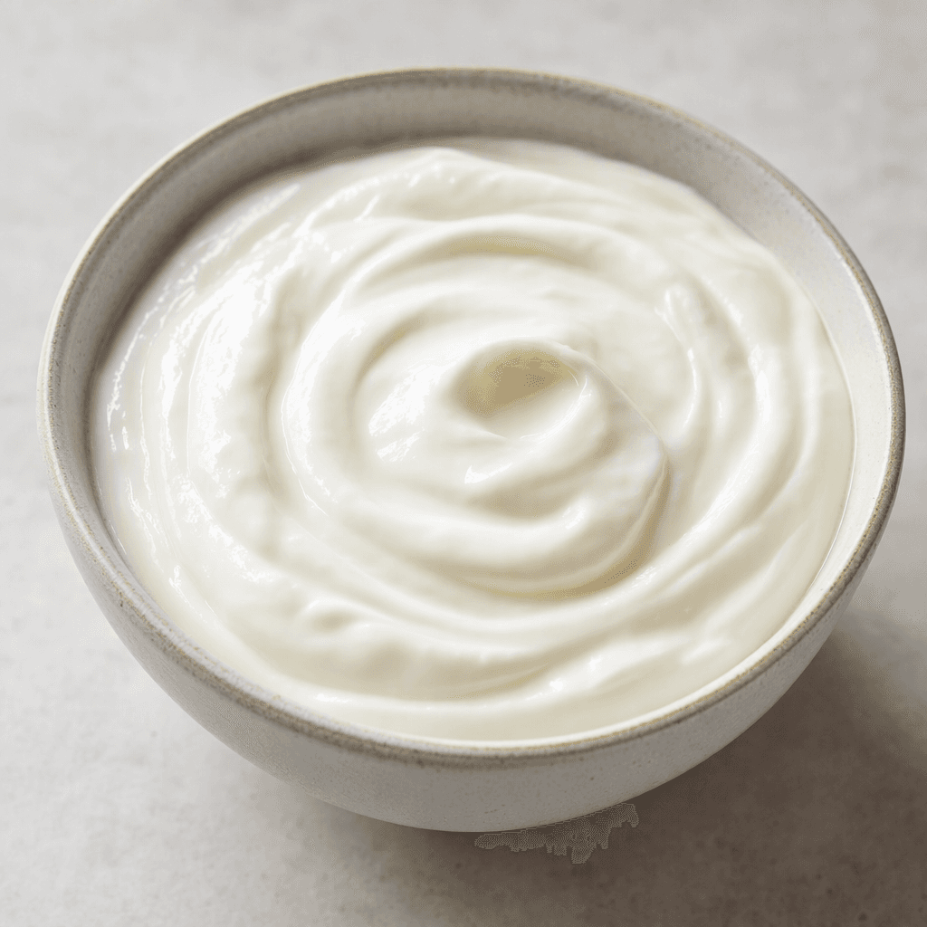 A smooth, thick, off-white yogurt sits in a small bowl, with a creamy surface and soft spoon-made swirls.