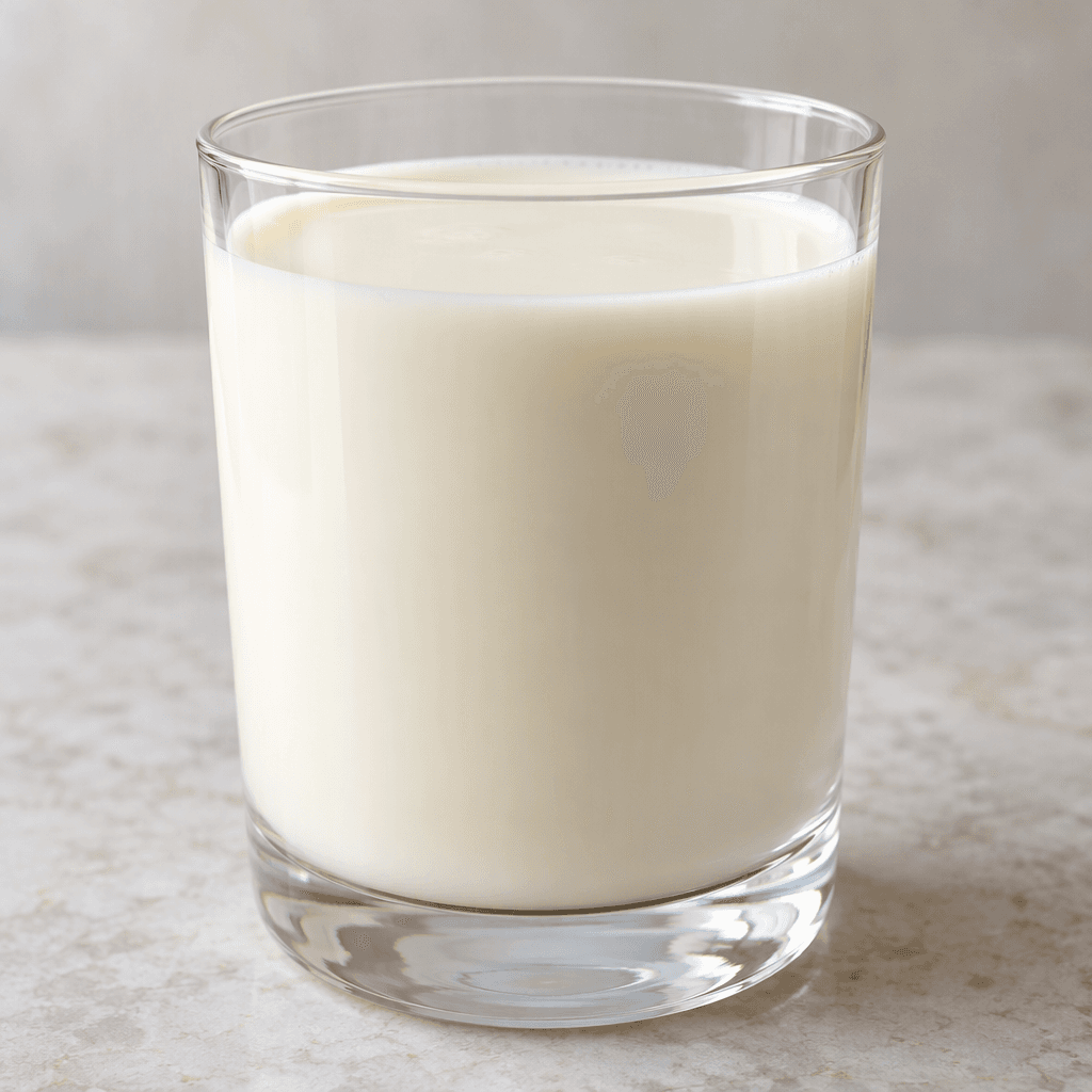 A smooth, opaque, pale ivory liquid fills a clear glass, with a level surface and a faint creamy sheen.