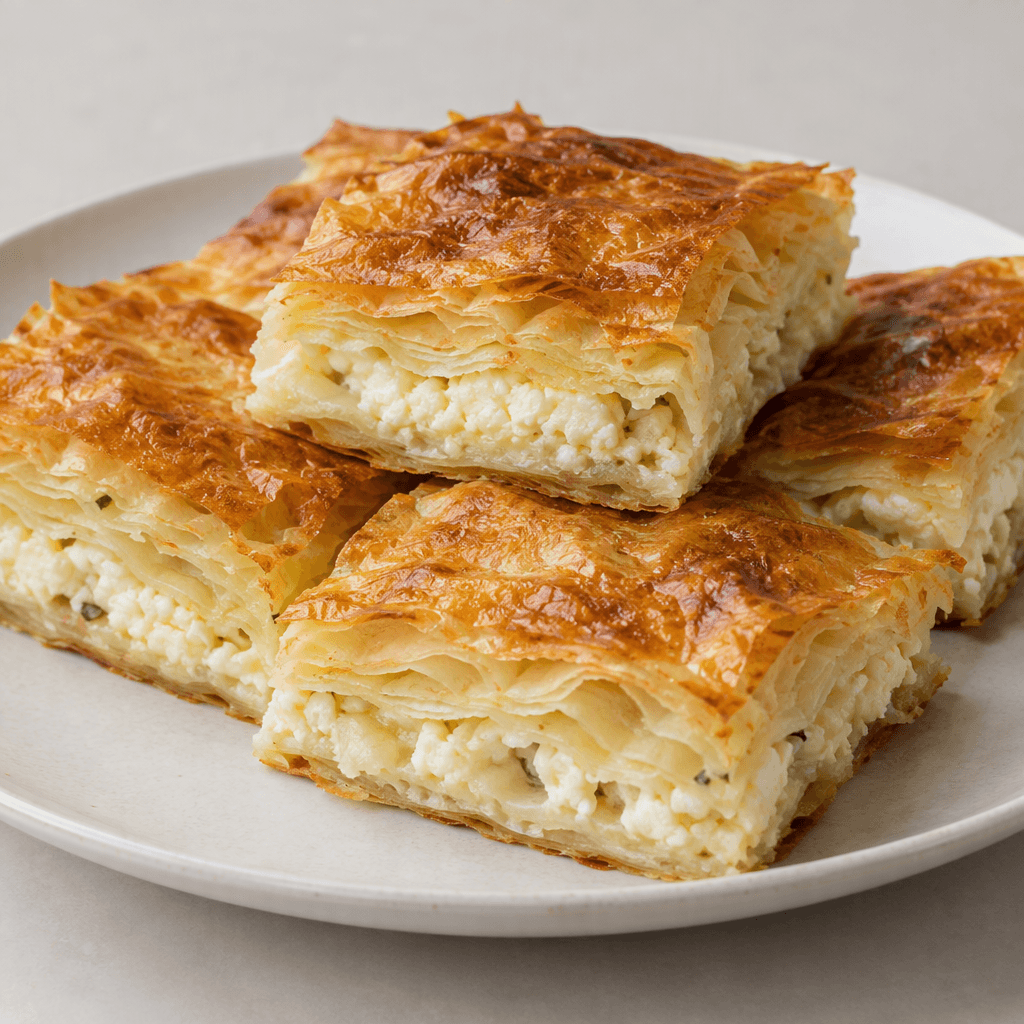 Golden-brown börek made of thin, flaky pastry layers, cut into neat portions with pale cheese filling visible between the layers and served on a plate.