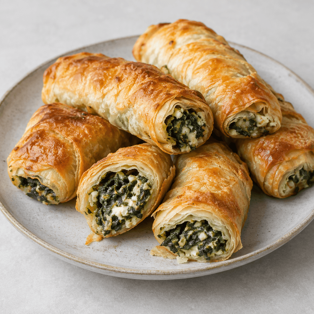 Several golden-brown pastry rolls with crisp, flaky layers are arranged on a plate, with cut ends showing a green spinach filling and pale cheese.