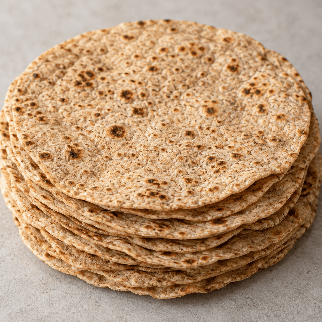 A stack of large, thin, soft whole-wheat flatbreads, light brown with darker grain flecks, faint toasted spots and gently uneven edges.