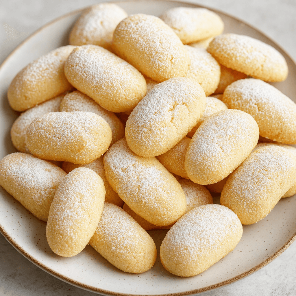 Small, pale golden, oblong cookies with softly rounded ends and a fine coating of powdered sugar are arranged on a plate.