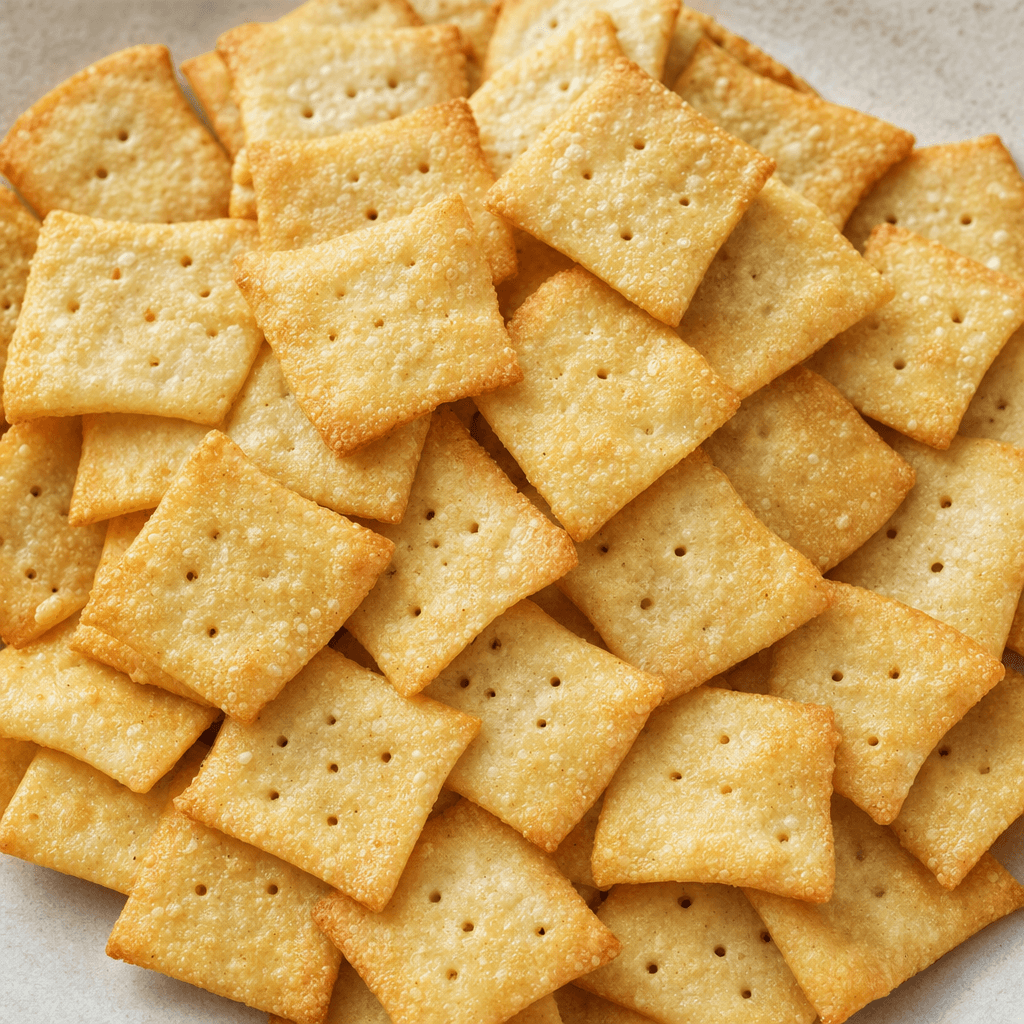 Thin, small golden-beige savory crackers with lightly browned edges, a dry, finely bubbled surface and tiny pinholes are arranged in a loose pile.
