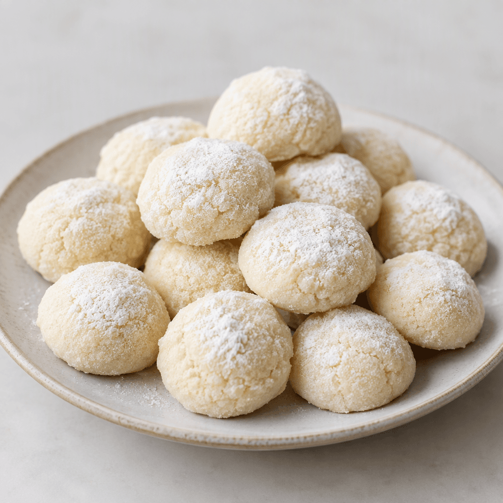 Small, pale ivory cookies with a matte, finely crumbly surface and softly rounded edges are arranged on a plate, with a light dusting of white starch.